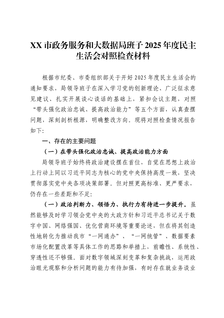 市政务服务和大数据局班子2025年度民主生活会对照检查材料_第1页