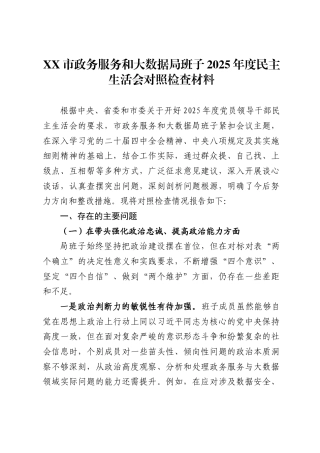 市政务服务和大数据局班子2025年度民主生活会对照检查材料-