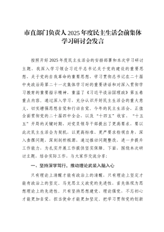 市直部门负责人2025年度民主生活会前集体学习研讨会发言