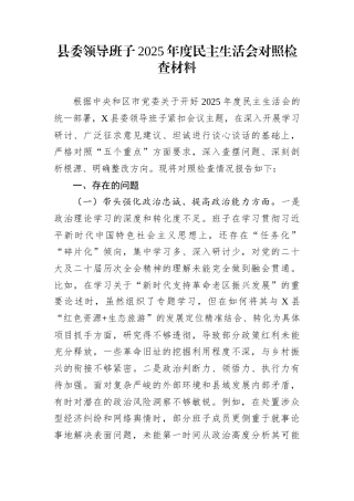 县委领导班子2025年度民主生活会对照检查材料