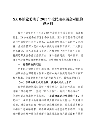 乡镇党委班子2025年度民主生活会对照检查材料.
