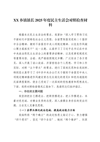 乡镇镇长2025年度民主生活会对照检查材料.