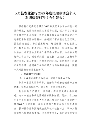 XX县农业银行2025年度民主生活会个人对照检查材料（五个带头）