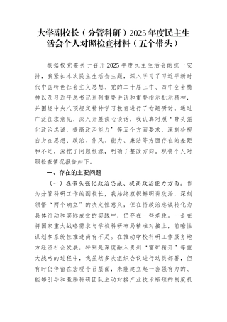 大学副校长（分管科研）2025年度民主生活会个人对照检查材料（五个带头）