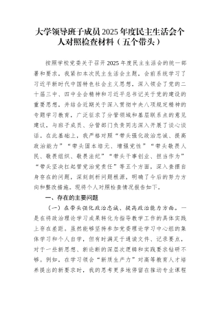 大学领导班子成员2025年度民主生活会个人对照检查材料（五个带头）