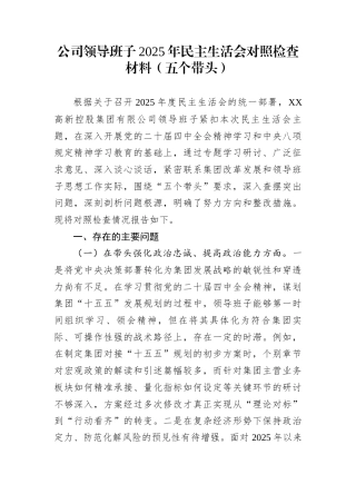 公司领导班子2025年民主生活会对照检查材料（五个带头）