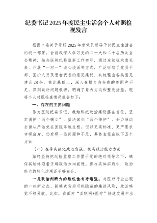 纪委书记2025年度民主生活会个人对照检视发言