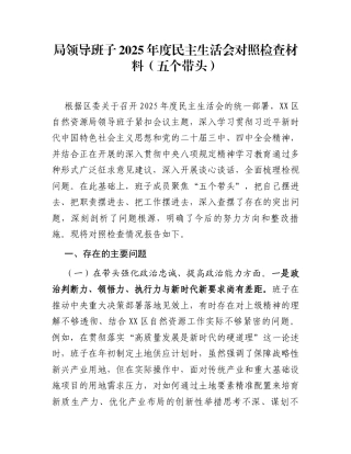 局领导班子2025年度民主生活会对照检查材料(五个带头)
