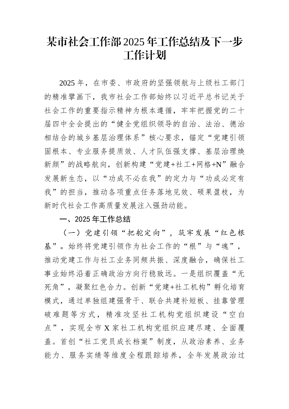 某市社会工作部2025年工作总结及下一步工作计划_第1页