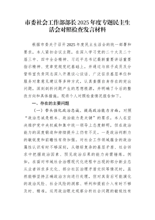 市委社会工作部部长2025年度专题民主生活会对照检查发言材料