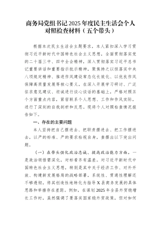 商务局党组书记2025年度民主生活会个人对照检查材料（五个带头）