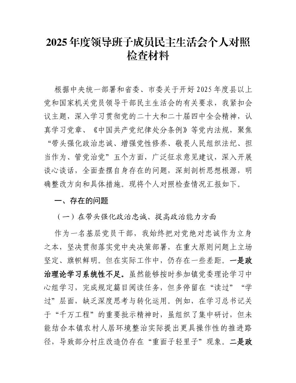 2025年度领导班子成员民主生活会个人对照检查材料_第1页