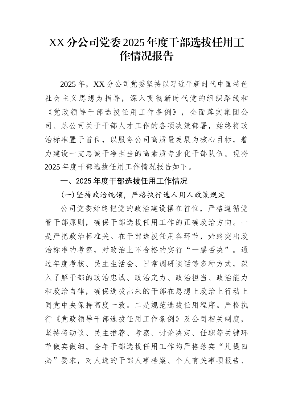 XX分公司党委2025年度干部选拔任用工作情况报告_第1页