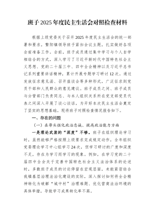 班子2025年度民主生活会对照检查材料