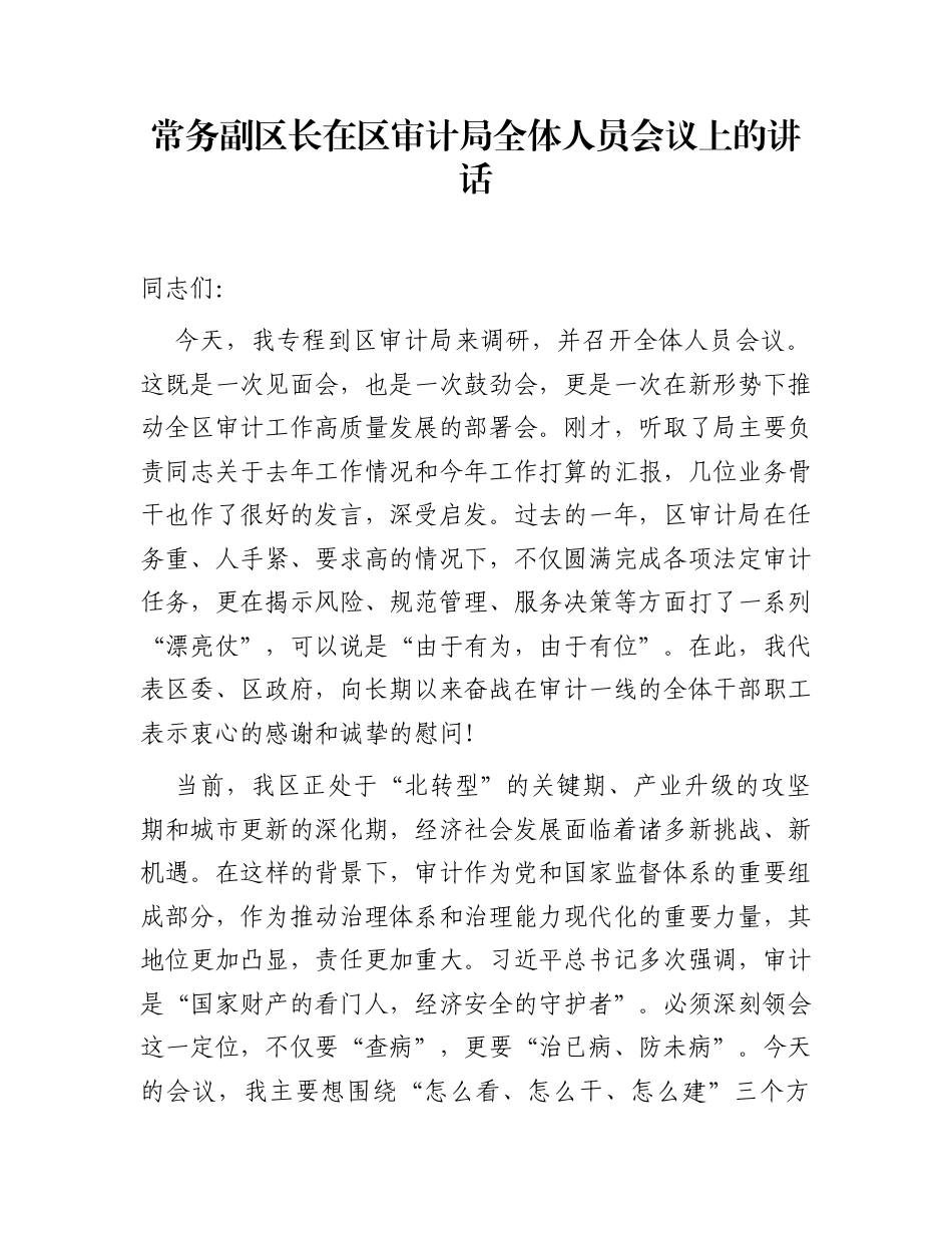 常务副区长在区审计局全体人员会议上的讲话_第1页