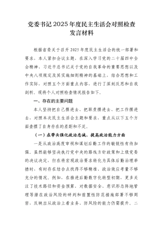 党委书记2025年度民主生活会对照检查发言材料