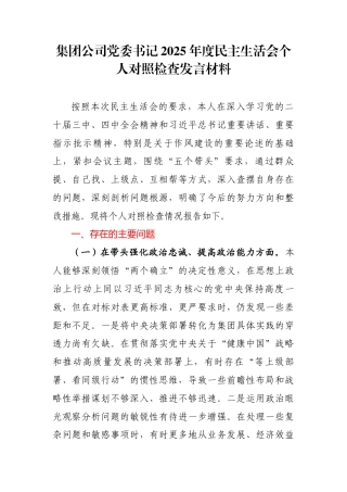 集团公司党委书记2025年度民主生活会个人对照检查发言材料