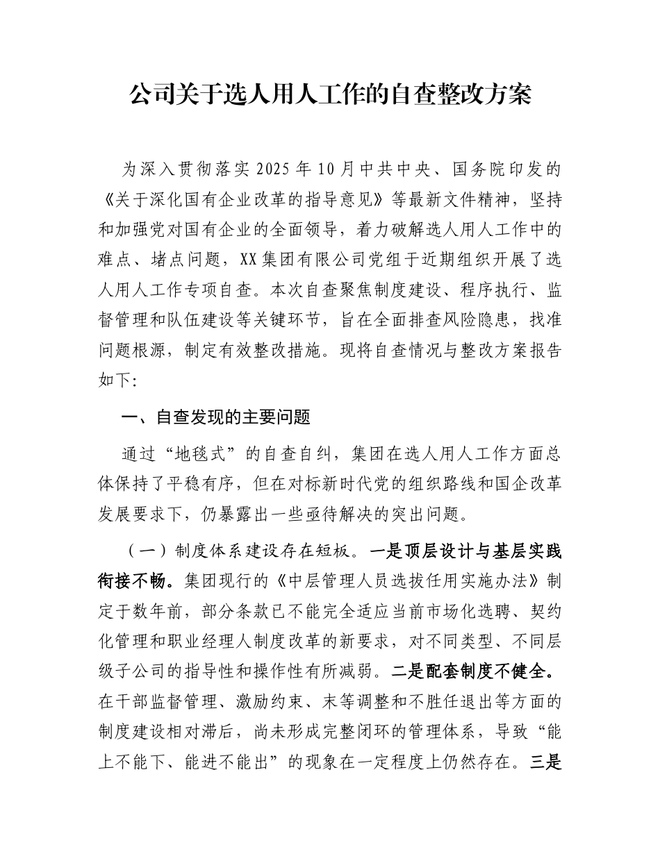 公司关于选人用人工作的自查整改方案_第1页