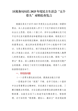 区税务局局长2025年度民主生活会“五个带头”对照检查发言