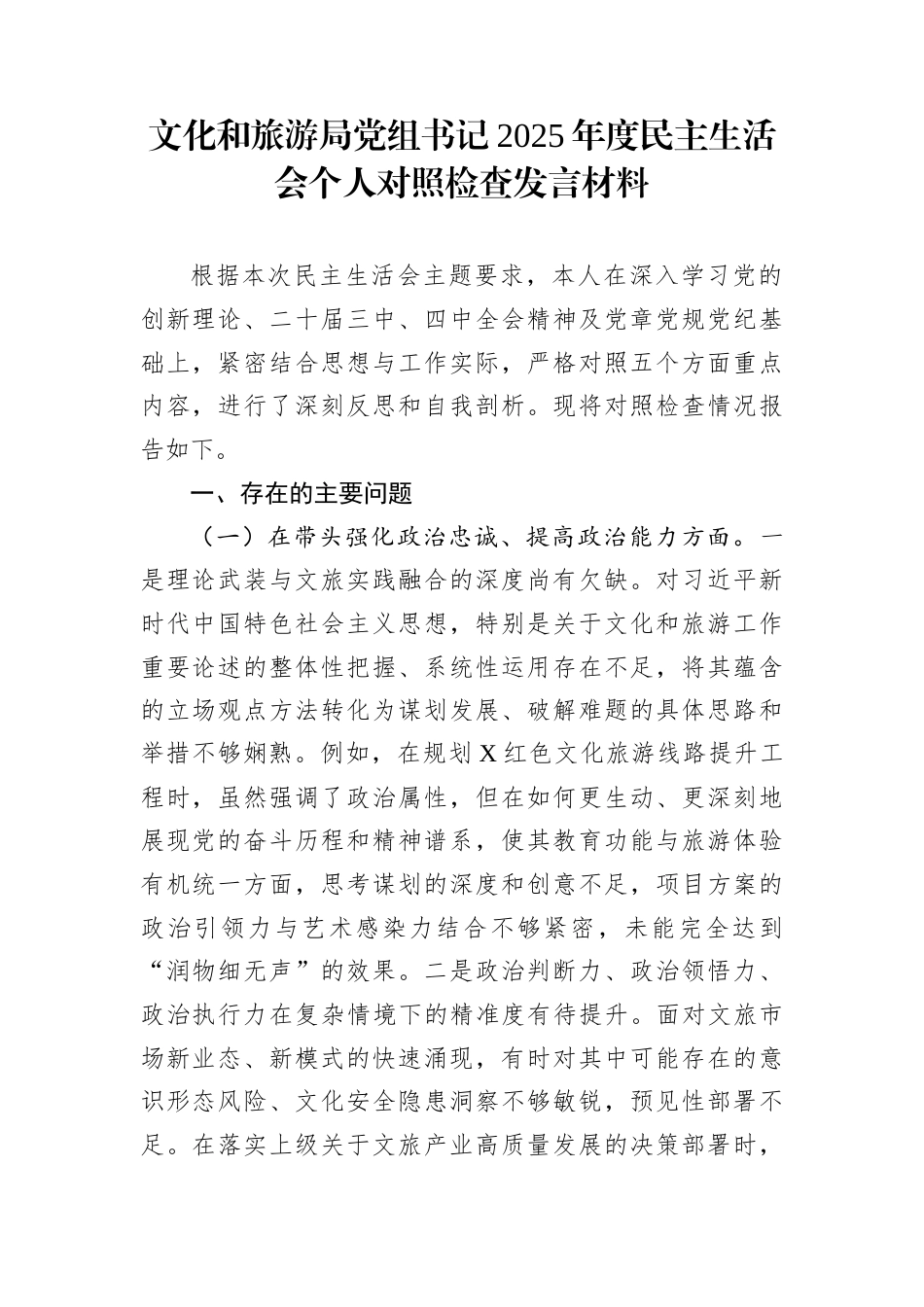 文化和旅游局党组书记2025年度民主生活会个人对照检查发言材料_第1页