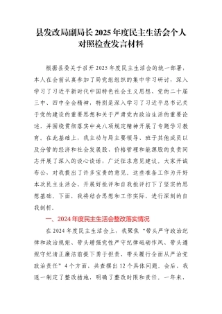 县发改局副局长2025年度民主生活会个人对照检查发言材料