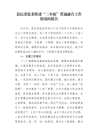 县纪委监委推进“三不腐”贯通融合工作情况的报告