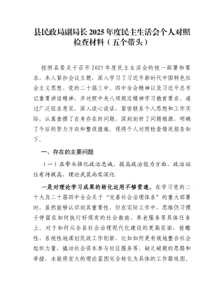 县民政局副局长2025年度民主生活会个人对照检查材料(五个带头)