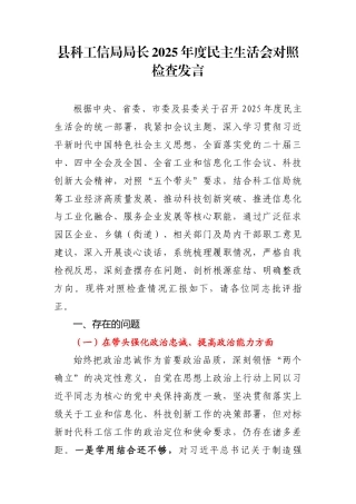县科工信局局长：2025年度民主生活会个人对照检查发言
