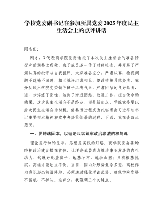学校党委副书记在参加所属党委2025年度民主生活会上的点评讲话