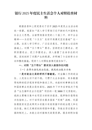 银行2025年度民主生活会个人对照检查材料