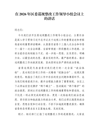 在2026年区委巡视整改工作领导小组会议上的讲话