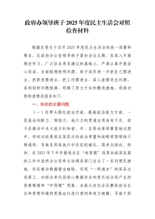 政府办领导班子2025年度民主生活会对照检查材料