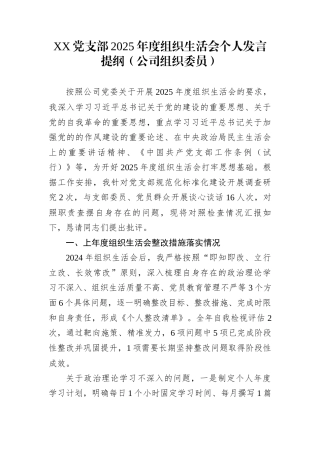 XX党支部2025年度组织生活会个人发言提纲（公司组织委员）