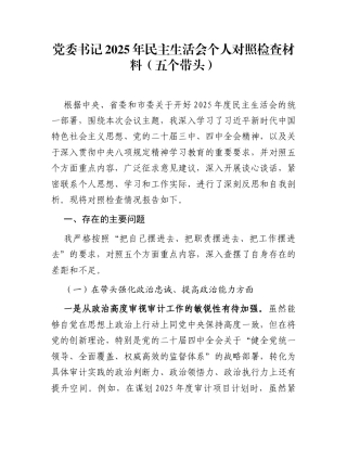 党委书记2025年民主生活会个人对照检查材料（五个带头）