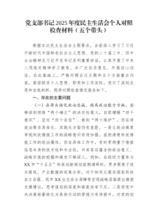 党支部书记2025年度民主生活会个人对照检查材料（五个带头）