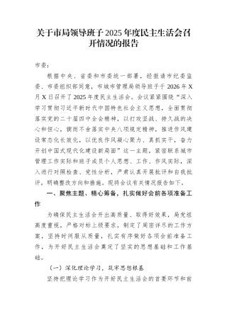 关于市局领导班子2025年度民主生活会召开情况的报告