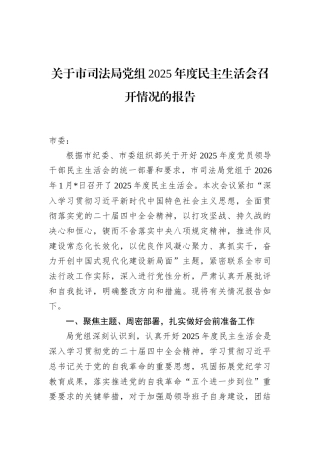 关于市司法局党组2025年度民主生活会召开情况的报告