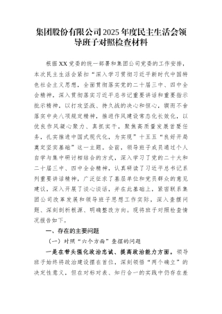 集团股份有限公司2025年度民主生活会领导班子对照检查材料