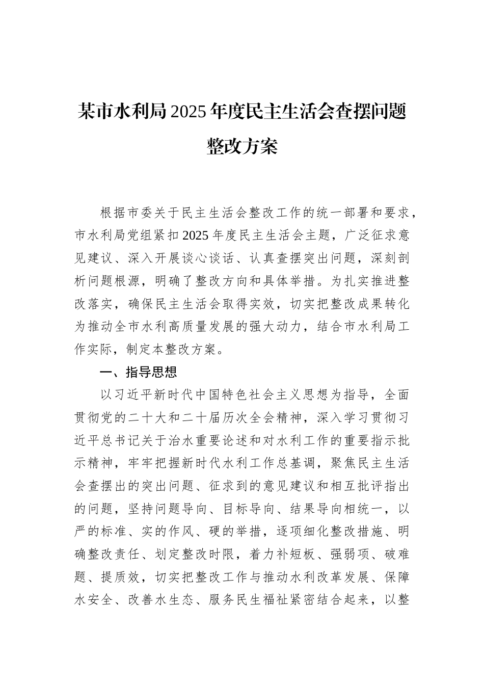 某市水利局2025年度民主生活会查摆问题整改方案_第1页