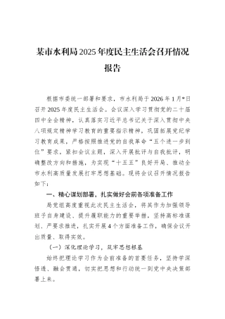 某市水利局2025年度民主生活会召开情况报告