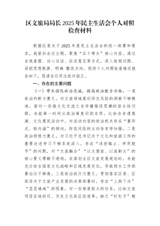 区文旅局局长2025年民主生活会个人对照检查材料