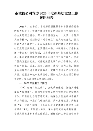 市城投公司党委2025年度抓基层党建工作述职报告