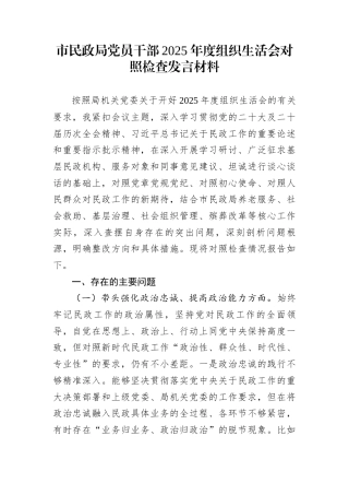 市民政局党员干部2025年度组织生活会对照检查发言材料