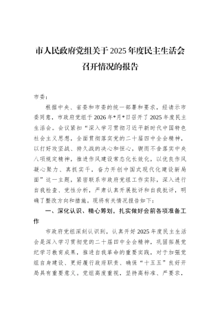 市人民政府党组关于2025年度民主生活会召开情况的报告