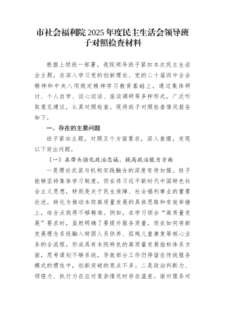 市社会福利院2025年度民主生活会领导班子对照检查材料