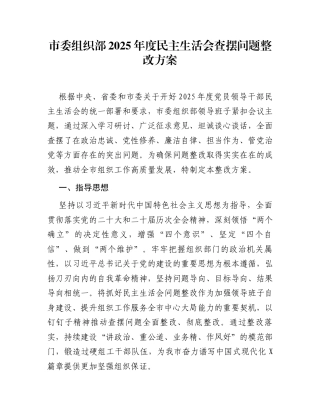 市委组织部2025年度民主生活会查摆问题整改方案