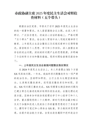 市政协副主席2025年度民主生活会对照检查材料（五个带头）