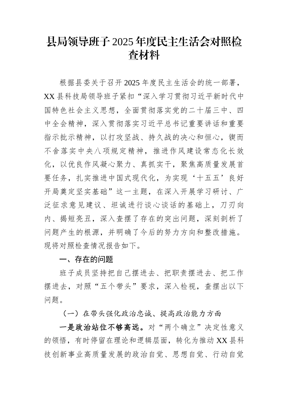 县局领导班子2025年度民主生活会对照检查材料_第1页
