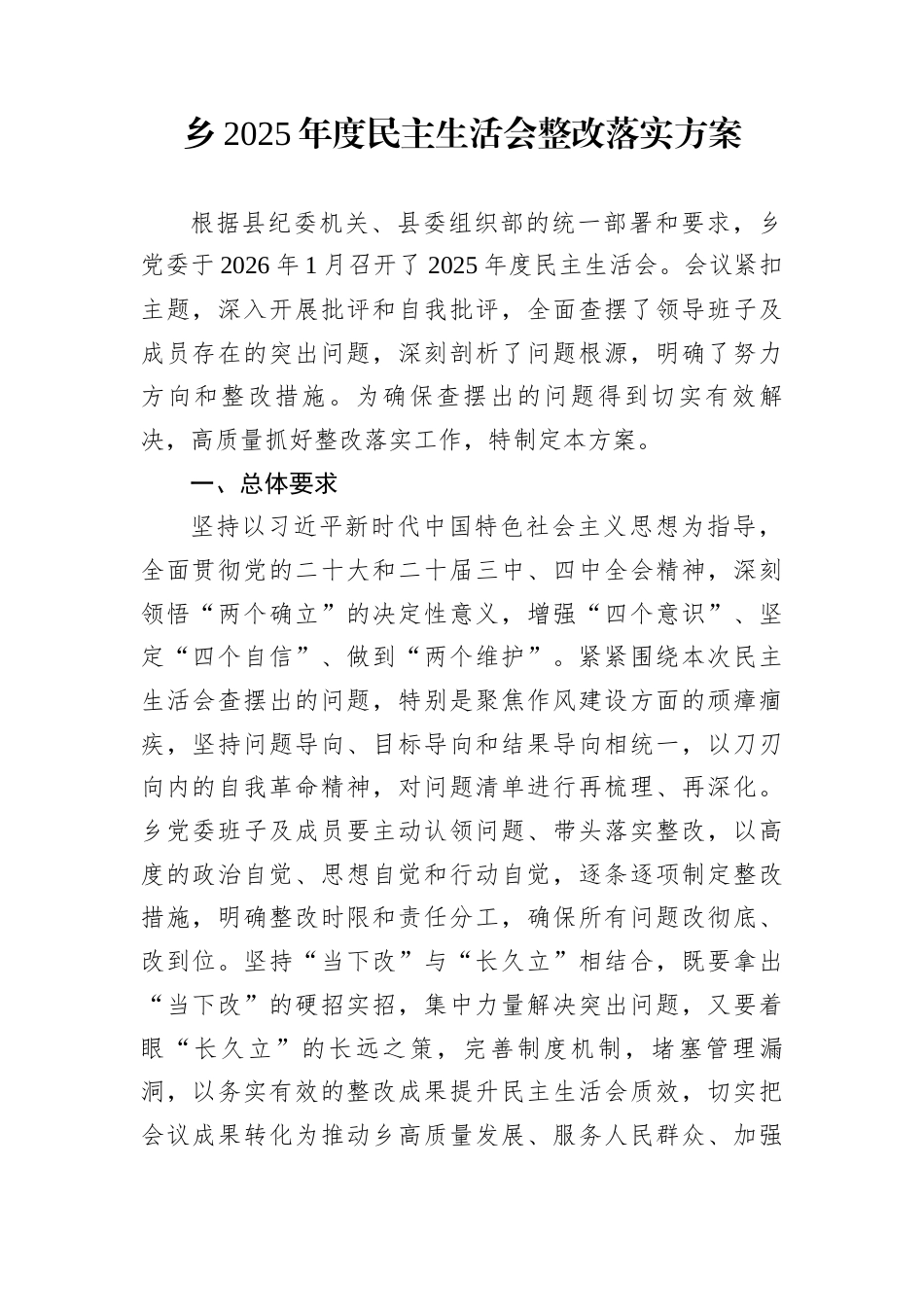 乡2025年度民主生活会整改落实方案_第1页