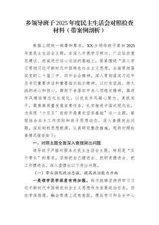 乡领导班子2025年度民主生活会对照检查材料（带案例剖析）